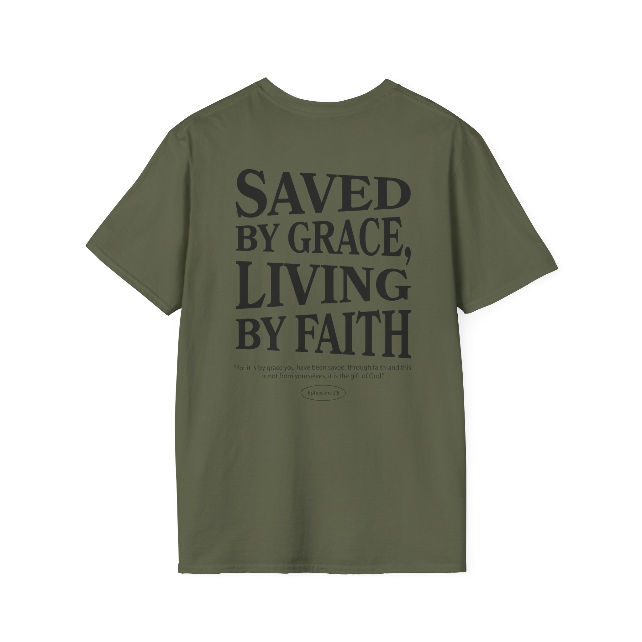 Saved by grace, living by faith — Ephesians 2:8  - Unisex Softstyle T-Shirt - Got Jesus?