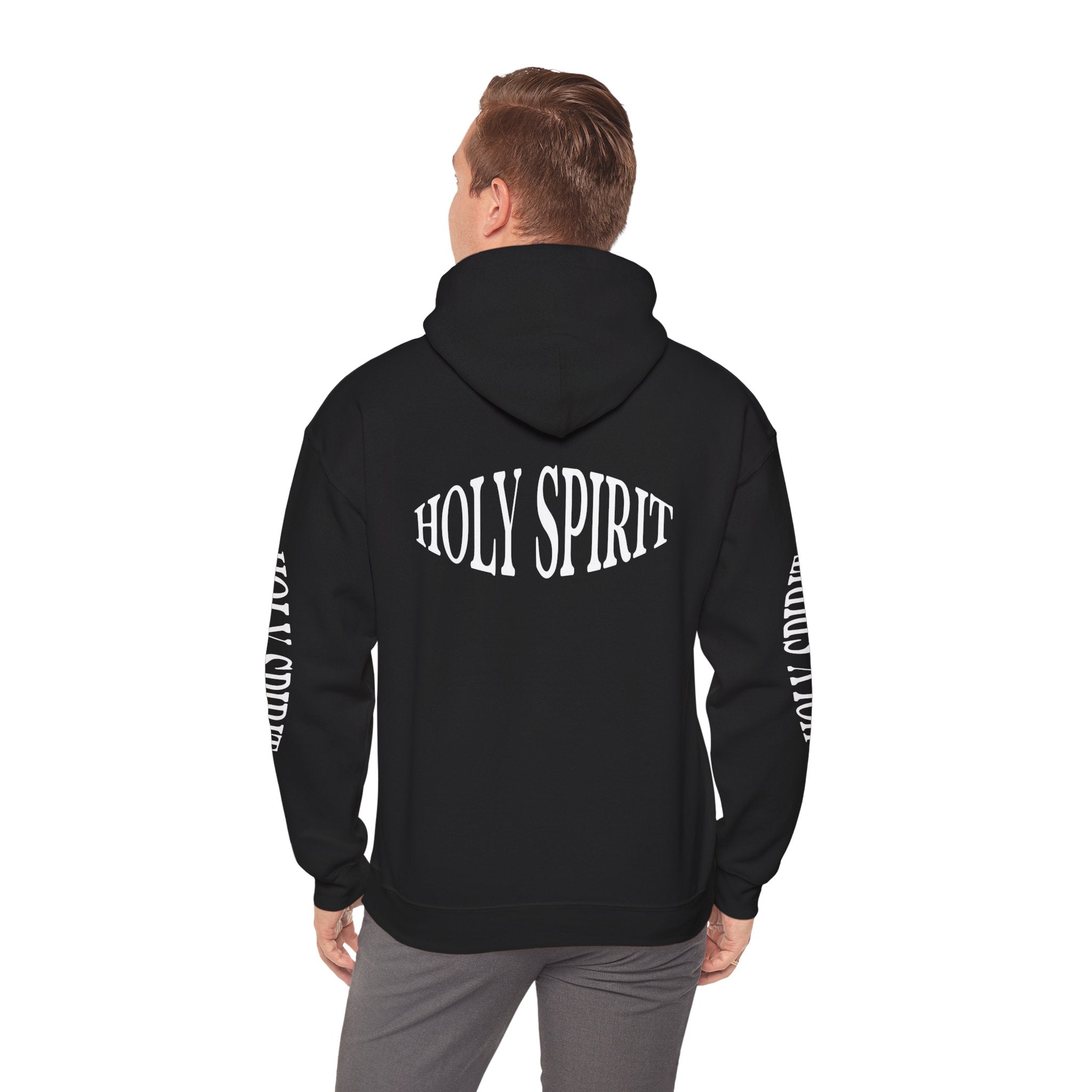 Holy Spirit Hoodie — White Faith Graphic Pullover with Sleeve Text