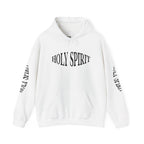 Holy Spirit Hoodie — White Faith Graphic Pullover with Sleeve Text