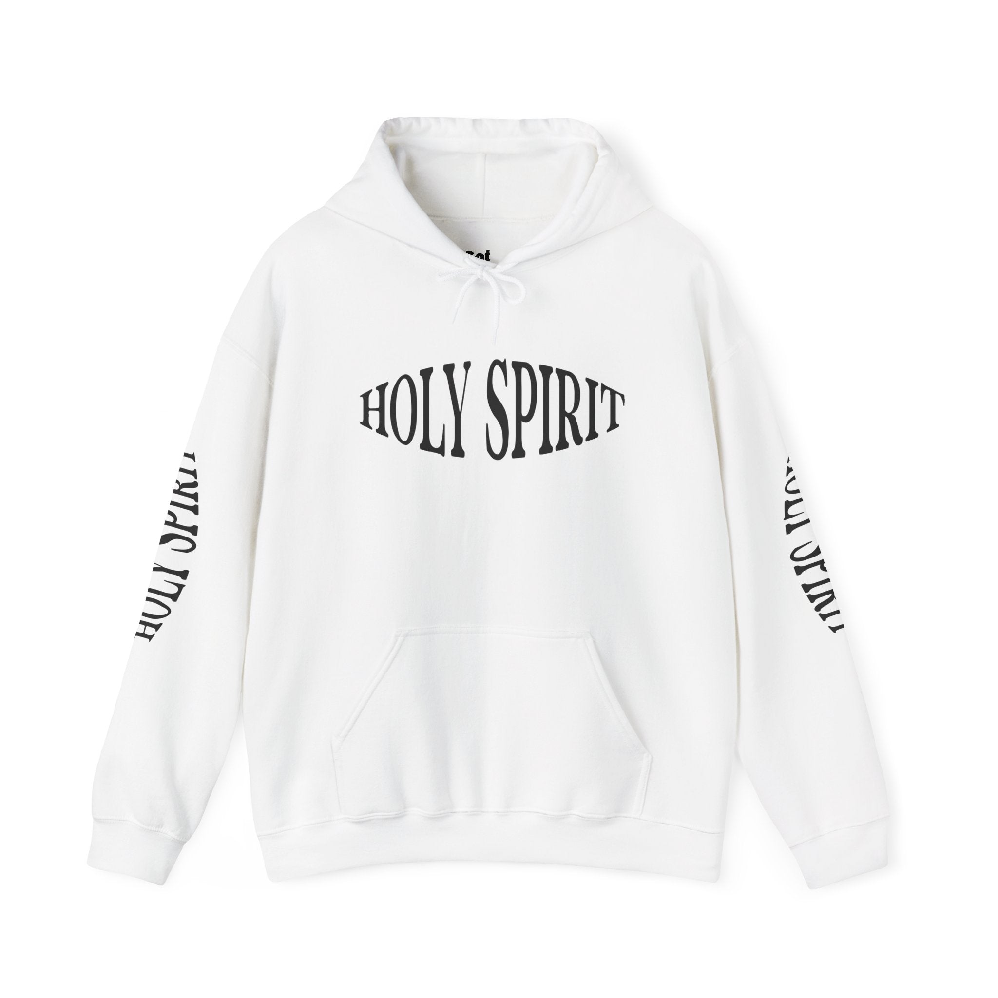 Holy Spirit Hoodie — White Faith Graphic Pullover with Sleeve Text
