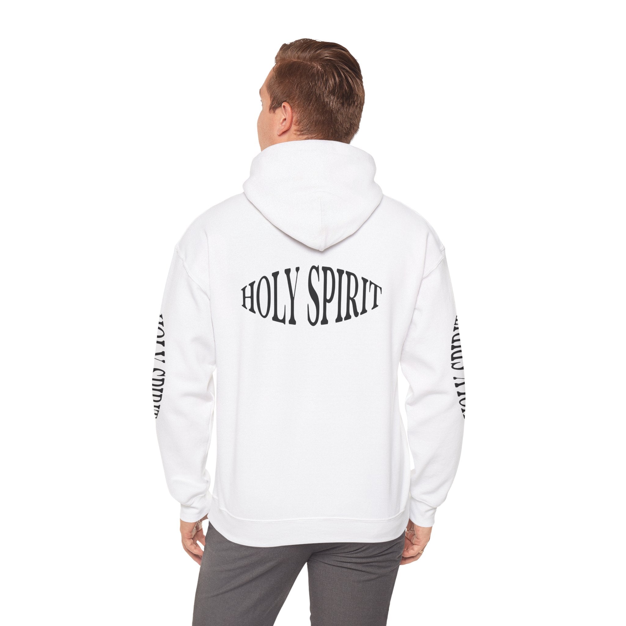 Holy Spirit Hoodie — White Faith Graphic Pullover with Sleeve Text