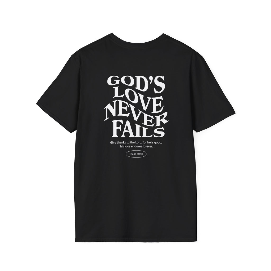 Christian T-Shirt - "God's Love Never Fails" Tee with Got Jesus? Chest Print