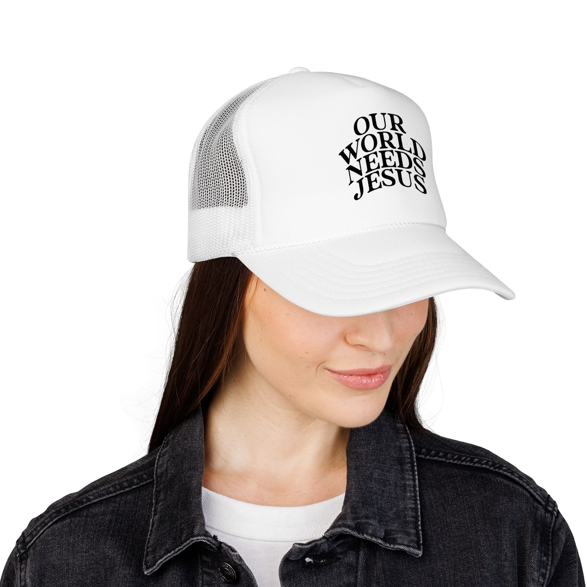 Trucker Hat — "Our World Needs Jesus" Embroidered Christian Foam Cap