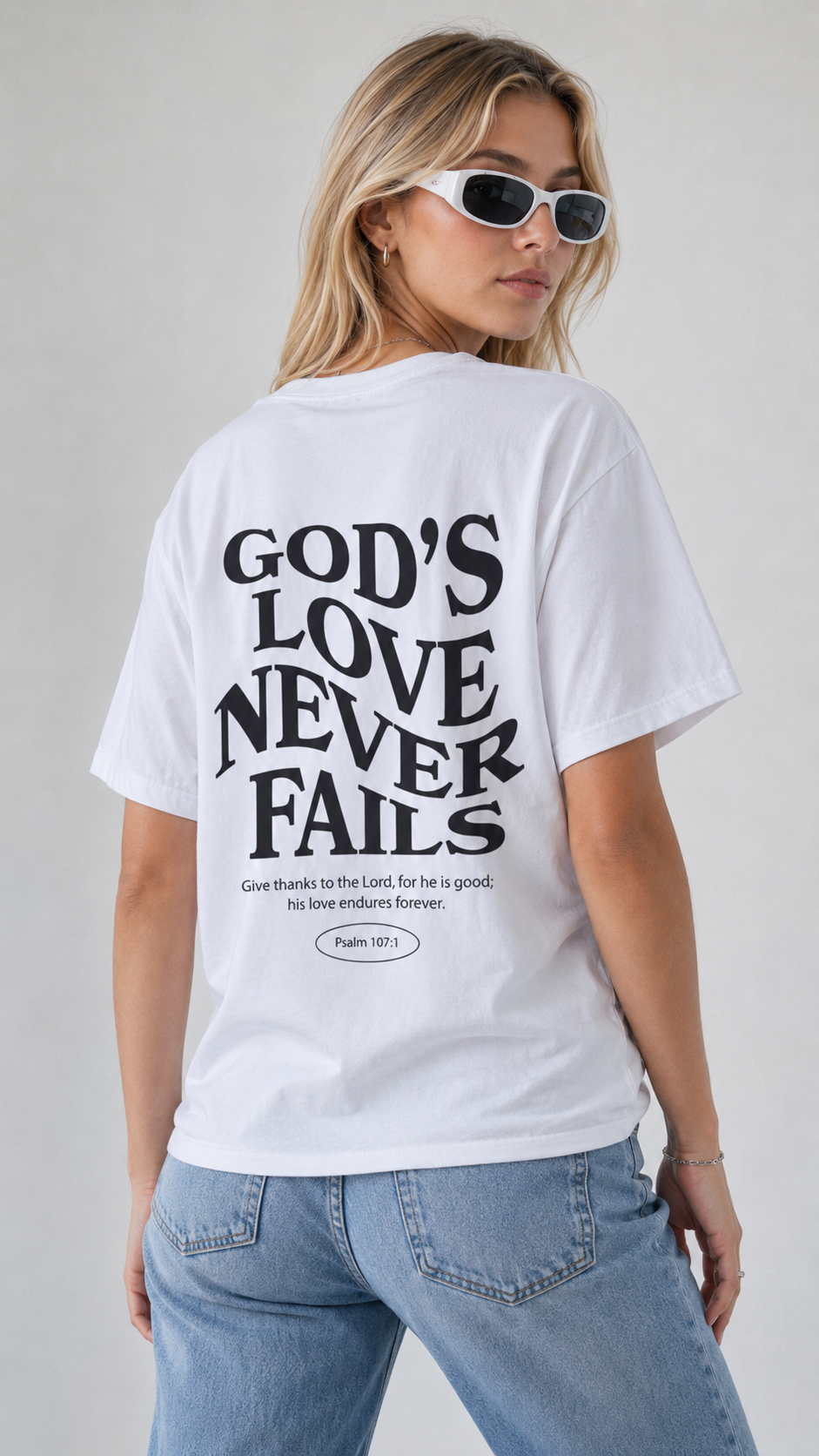 Christian T-Shirt - "God's Love Never Fails" Tee with Got Jesus? Chest Print