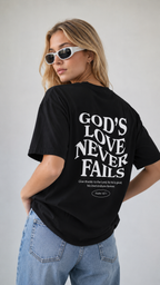 Christian T-Shirt - "God's Love Never Fails" Tee with Got Jesus? Chest Print
