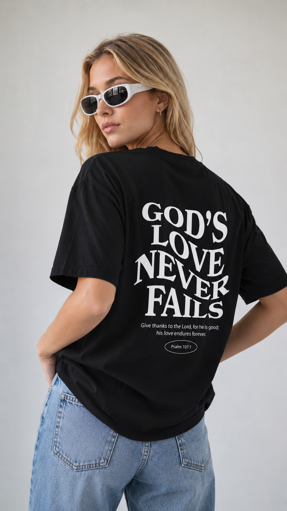 Christian T-Shirt - "God's Love Never Fails" Tee with Got Jesus? Chest Print