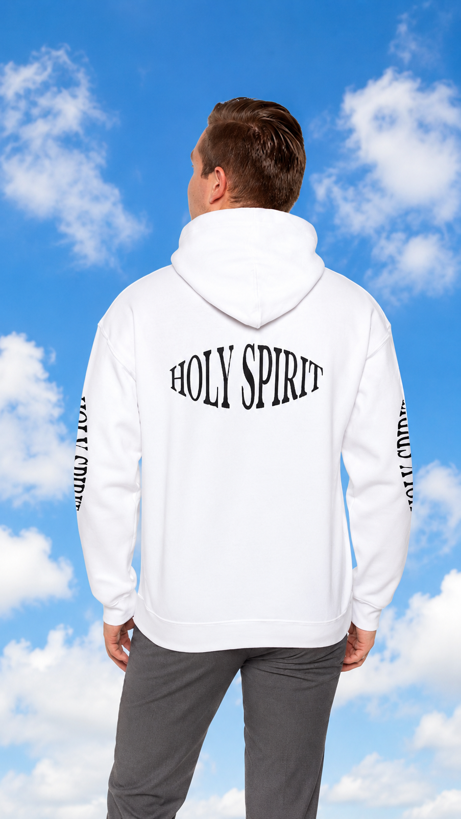 Holy Spirit Hoodie — White Faith Graphic Pullover with Sleeve Text