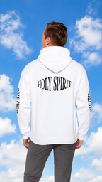 Holy Spirit Hoodie — White Faith Graphic Pullover with Sleeve Text